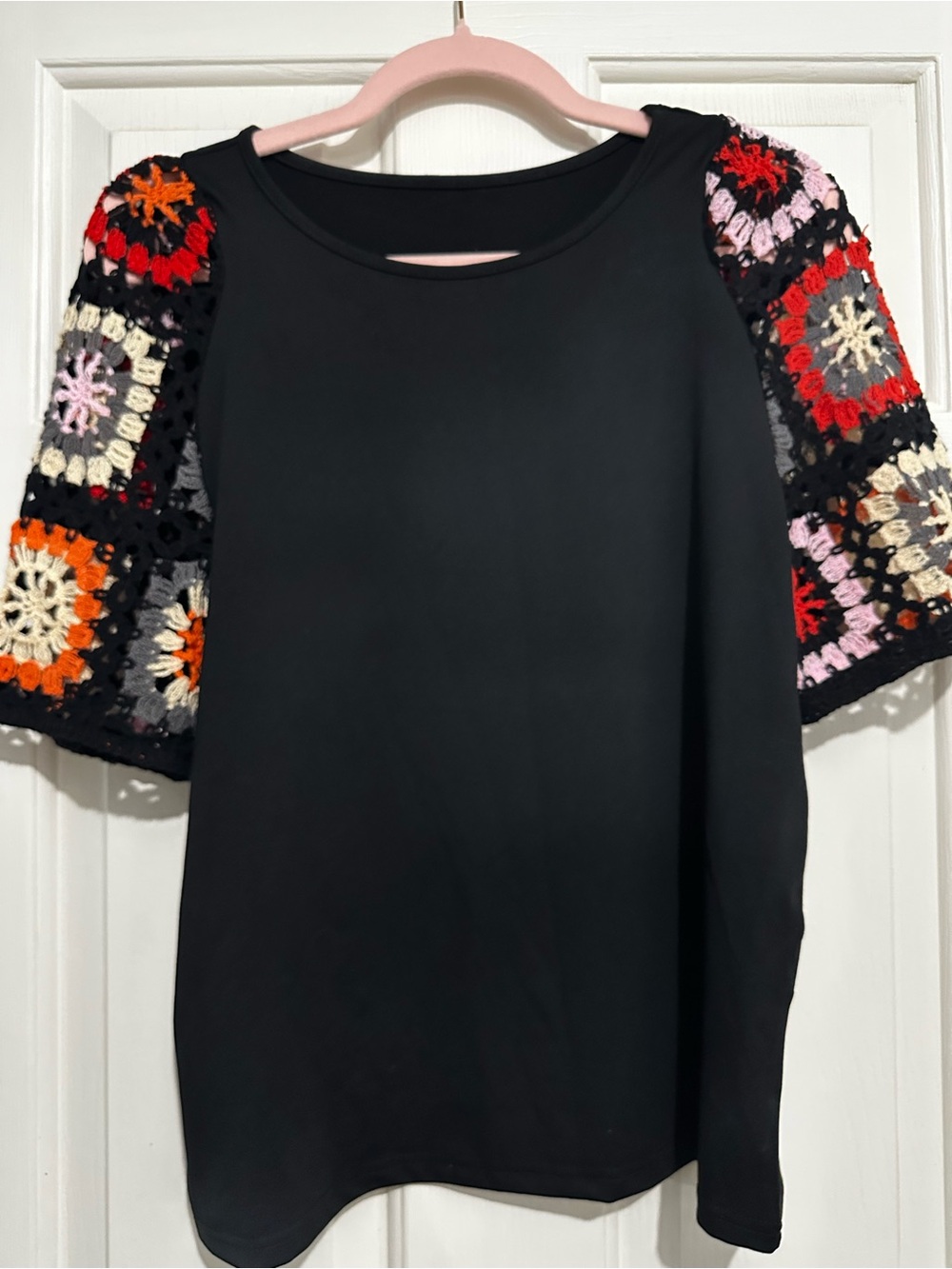 Black Boutique Top with Colorful Crochet Sleeves - Women